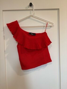 Mango One-Shoulder Red Ruffle Camisole